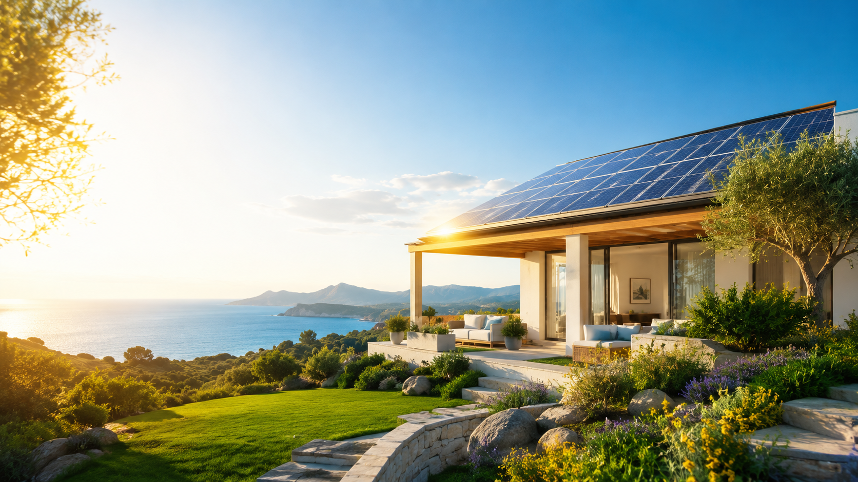 Villa moderna in Sardegna con impianto fotovoltaico sul tetto, vista mare al tramonto